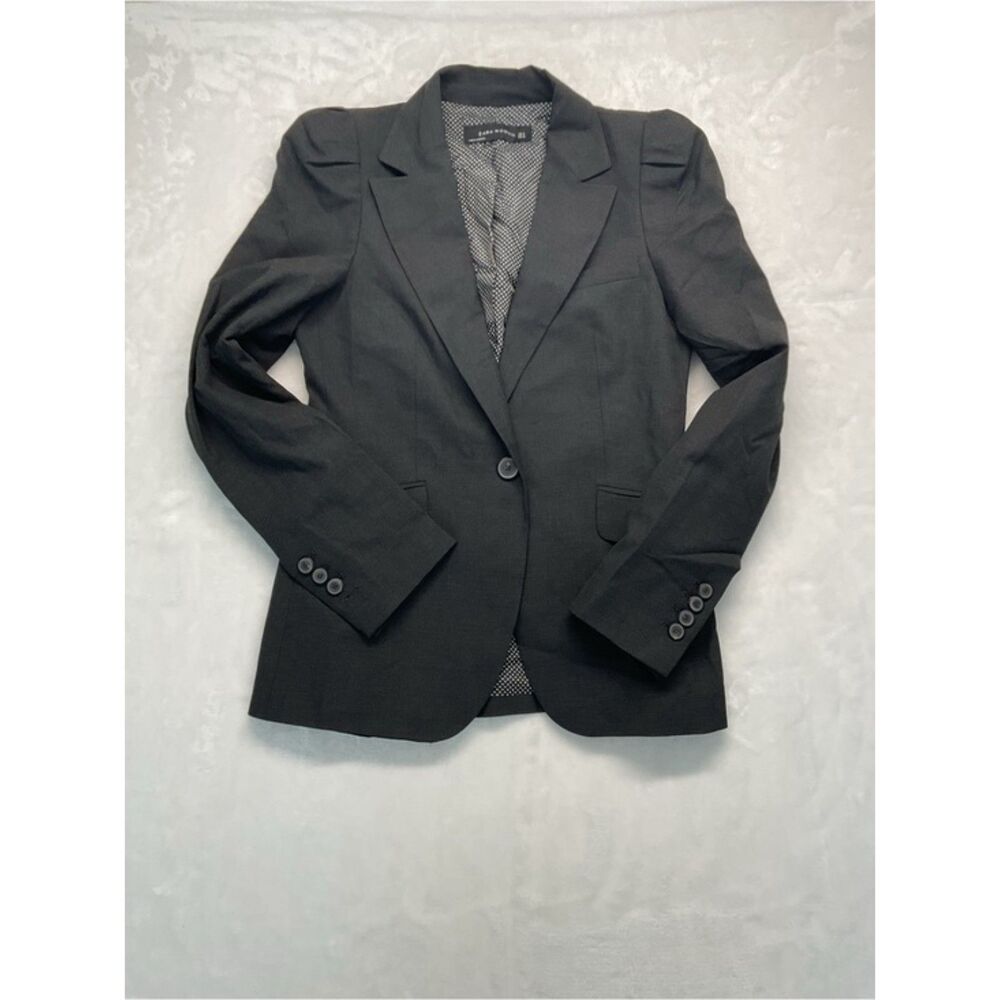 Zara Woman Puff Shoulder Blazer Jacket S Charcoal Grey Polka Dot Lining Great
